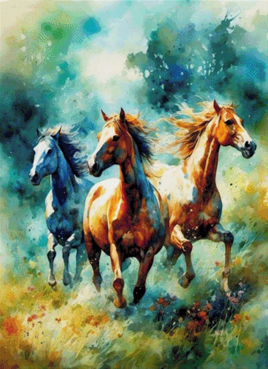 Pferde in der Wiese Aquarell - Diamond Painting