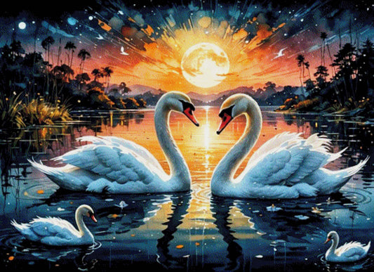 Schwanenfamilie im Sonnenuntergang - Diamond Painting