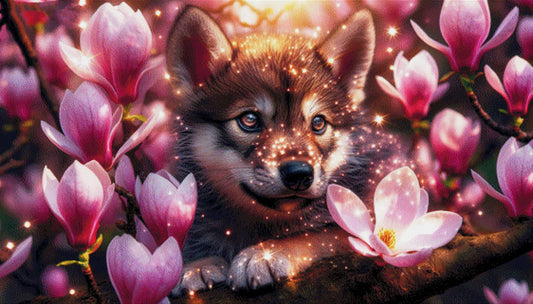 Kleiner Wolf im Magnolienbaum - Diamond Painting