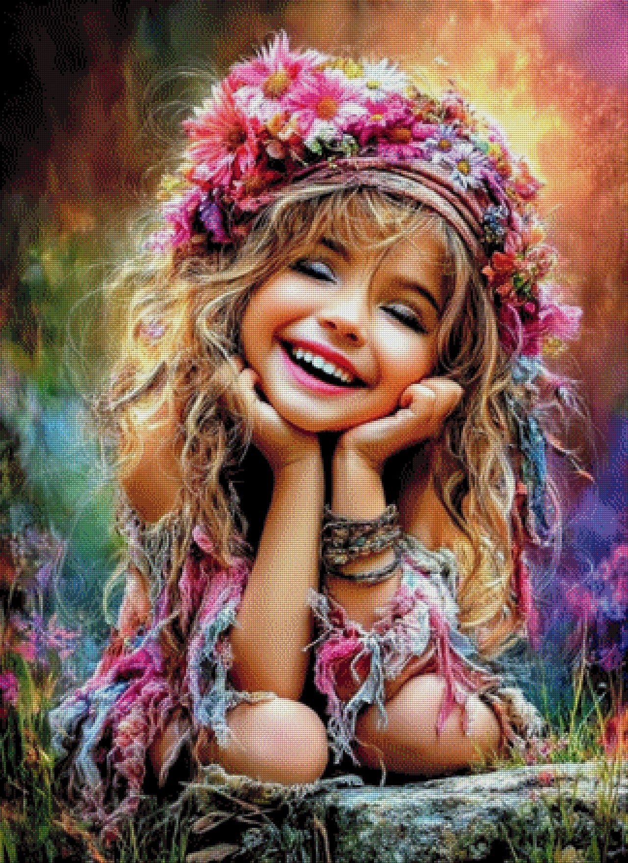 Diamond Painting Mädchen mit Blüten in Blumenwiese