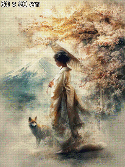 Diamond Painting Geisha mit Wolf im Gebirge