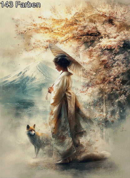 Diamond Painting Geisha mit Wolf im Gebirge
