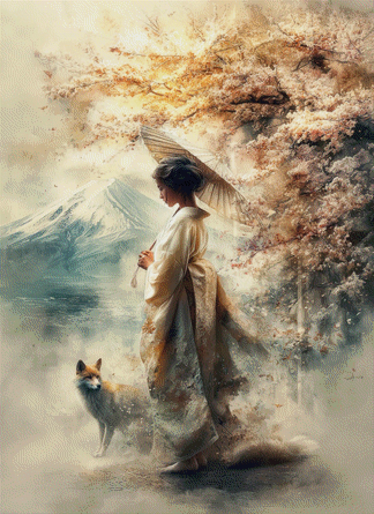 Diamond Painting Geisha mit Wolf im Gebirge