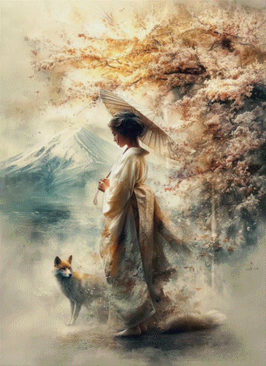 Diamond Painting Geisha mit Wolf im Gebirge