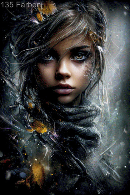 Diamond Painting Mädchen Herbst Blätter Nacht