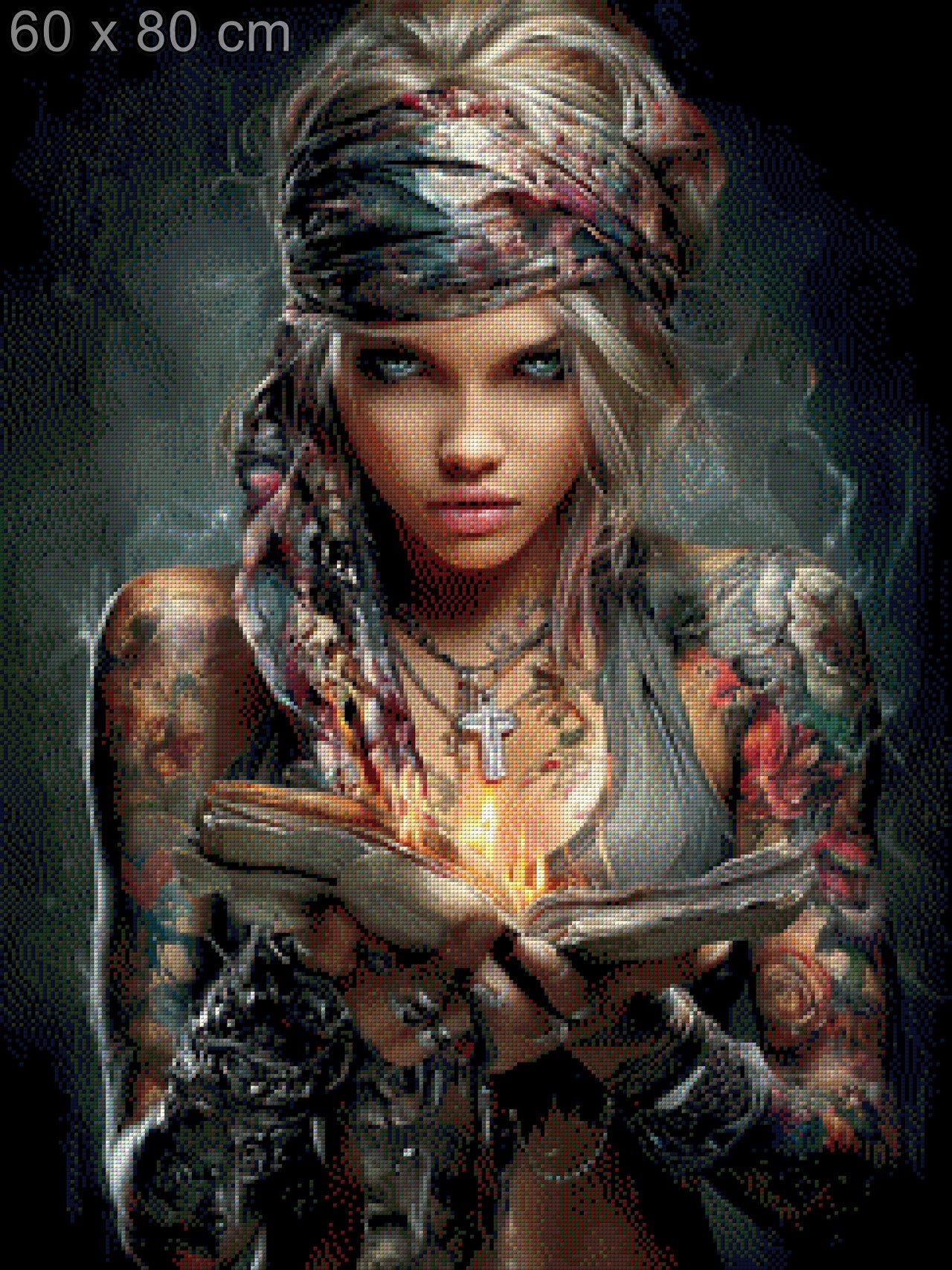 Diamond Painting Frau Portrait uch Flamme Kreuz Tattoo