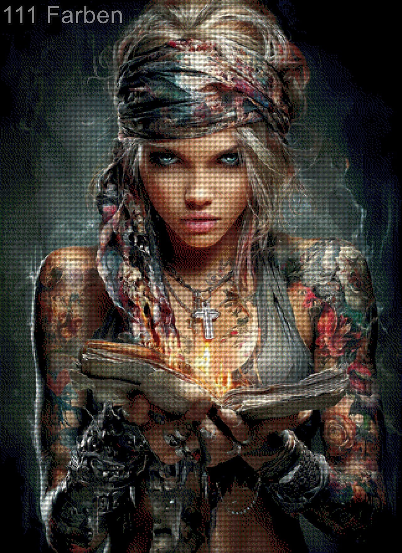 Diamond Painting Frau Portrait uch Flamme Kreuz Tattoo