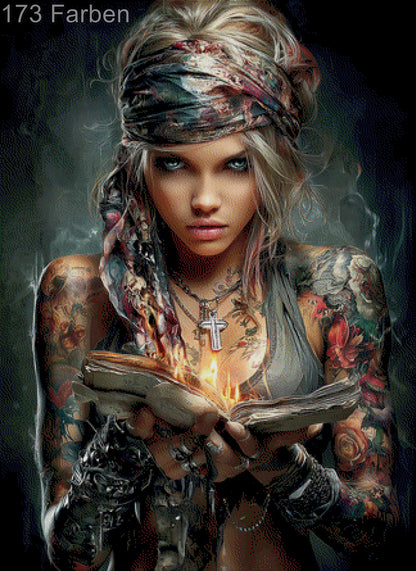 Diamond Painting Frau Portrait uch Flamme Kreuz Tattoo