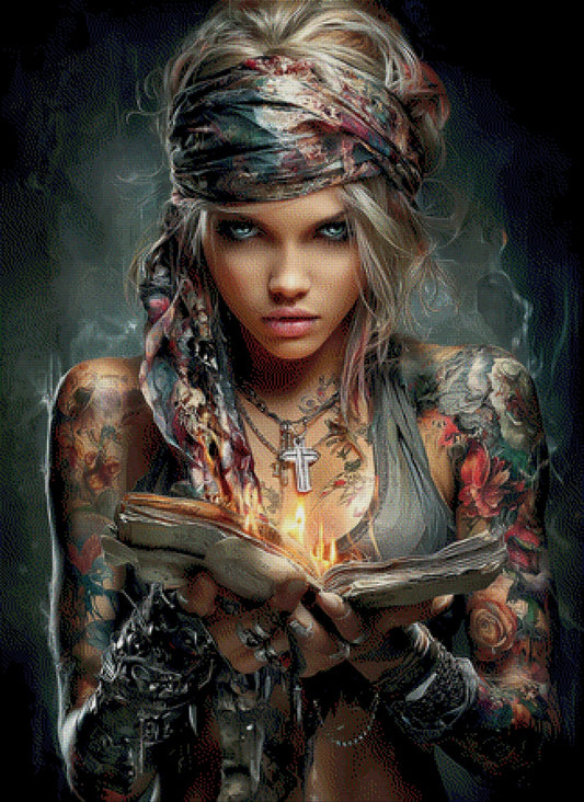 Diamond Painting Frau Portrait uch Flamme Kreuz Tattoo