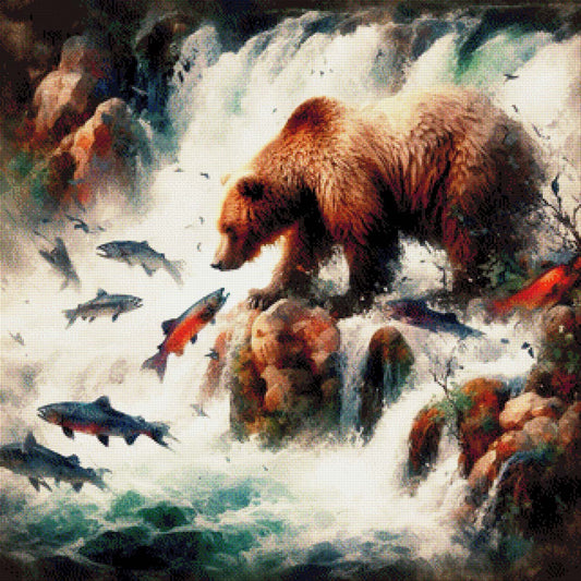 Flussjäger, Bär auf Lachsfang - Diamond Painting