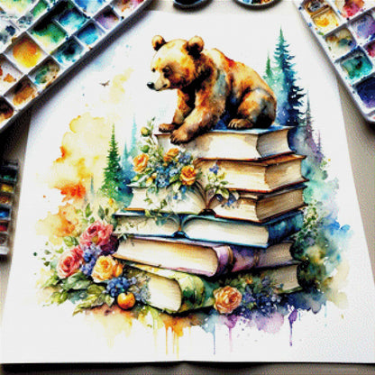 Bücherbärchen, Bärenbaby auf buntem Buchstapel - Diamond Painting
