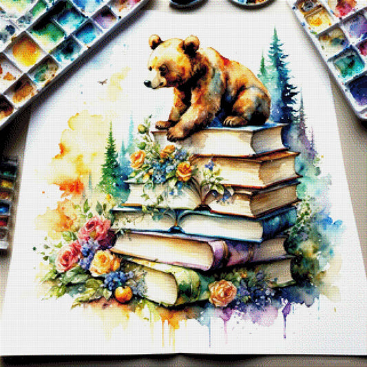 Bücherbärchen, Bärenbaby auf buntem Buchstapel - Diamond Painting