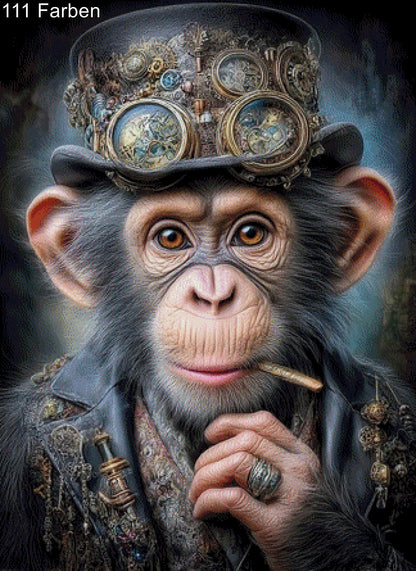 Diamond Painting rauchender Affe Steampunk Hut