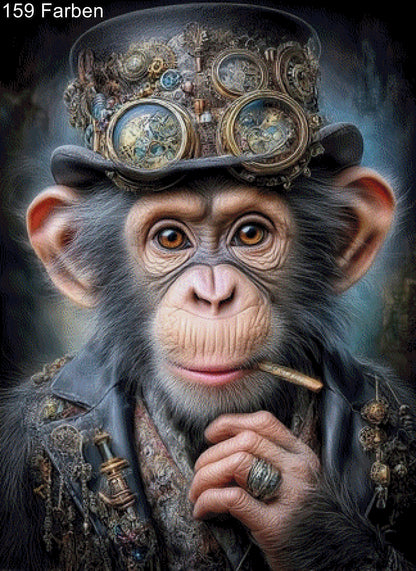 Diamond Painting rauchender Affe Steampunk Hut