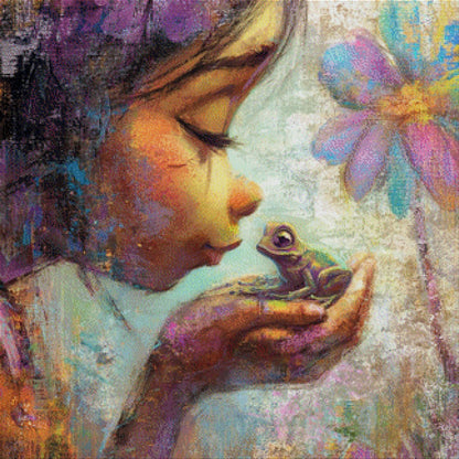 Diamond Painting Mädchen Frosch Zeichnung  Blume