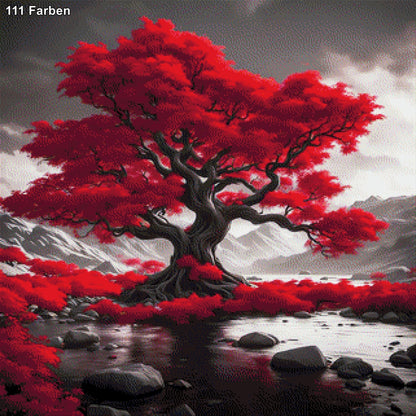 Rotschimmer, roter Baum - Diamond Painting