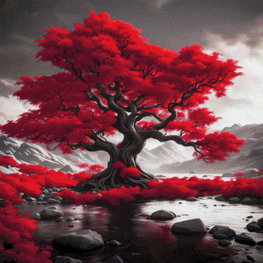Rotschimmer, roter Baum - Diamond Painting