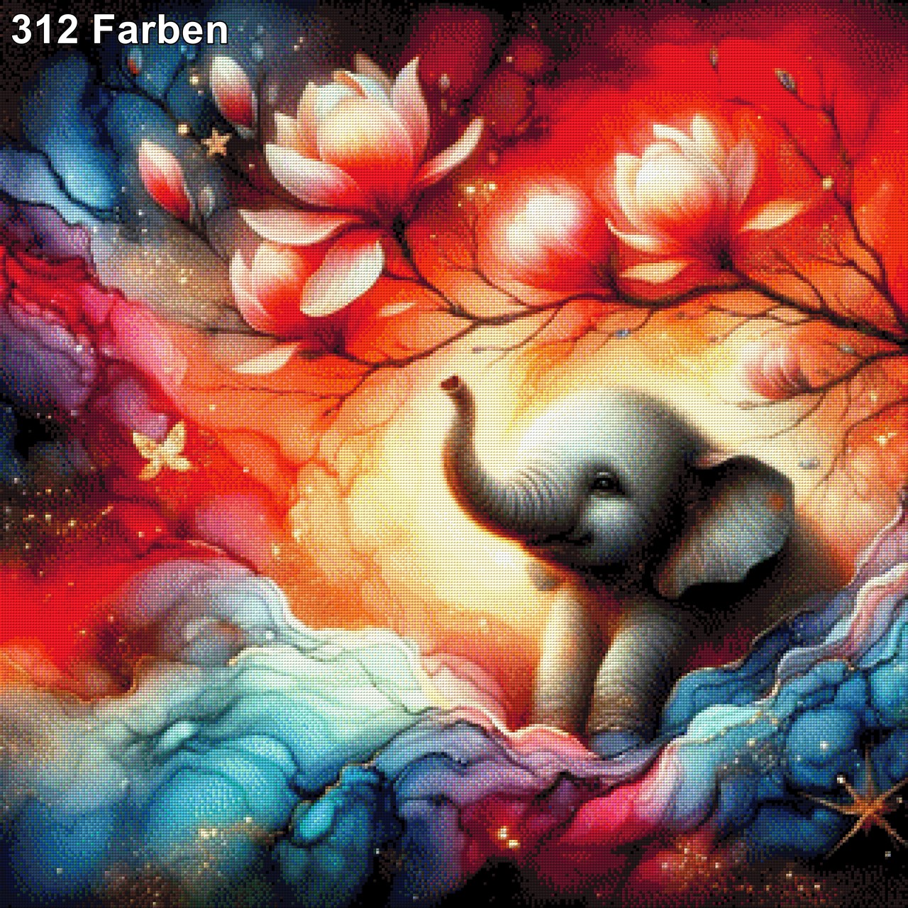 Elefantenbaby unter Magnolienbaum - Diamond Painting