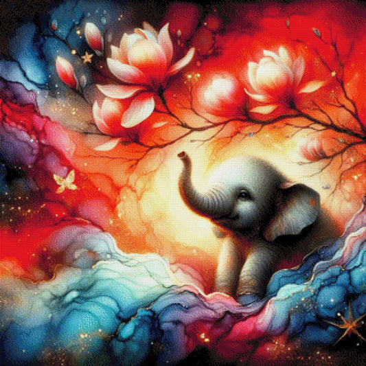 Elefantenbaby unter Magnolienbaum - Diamond Painting