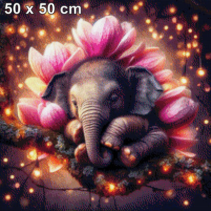 Blütenwiege, Elefantenbaby mit Magnolienkranz - Diamond Painting