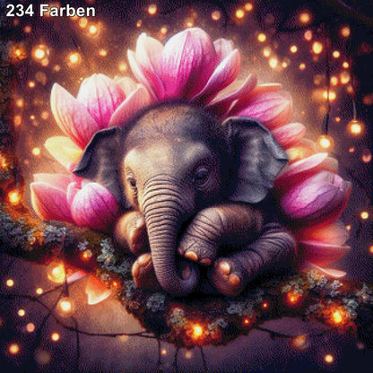 Blütenwiege, Elefantenbaby mit Magnolienkranz - Diamond Painting