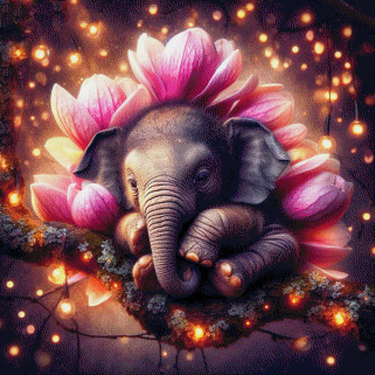 Blütenwiege, Elefantenbaby mit Magnolienkranz - Diamond Painting