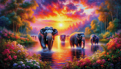 Abendwanderer, Elefantenherde - Diamond Painting