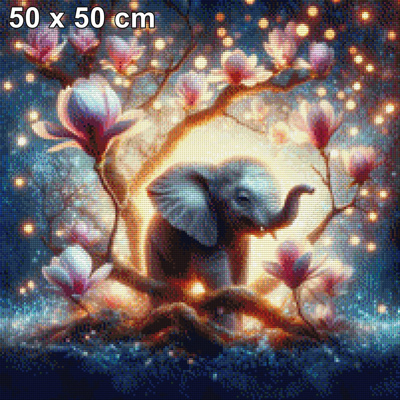 Magnolienwunder, Elefantenbaby in Magnolienstrauch - Diamond Painting
