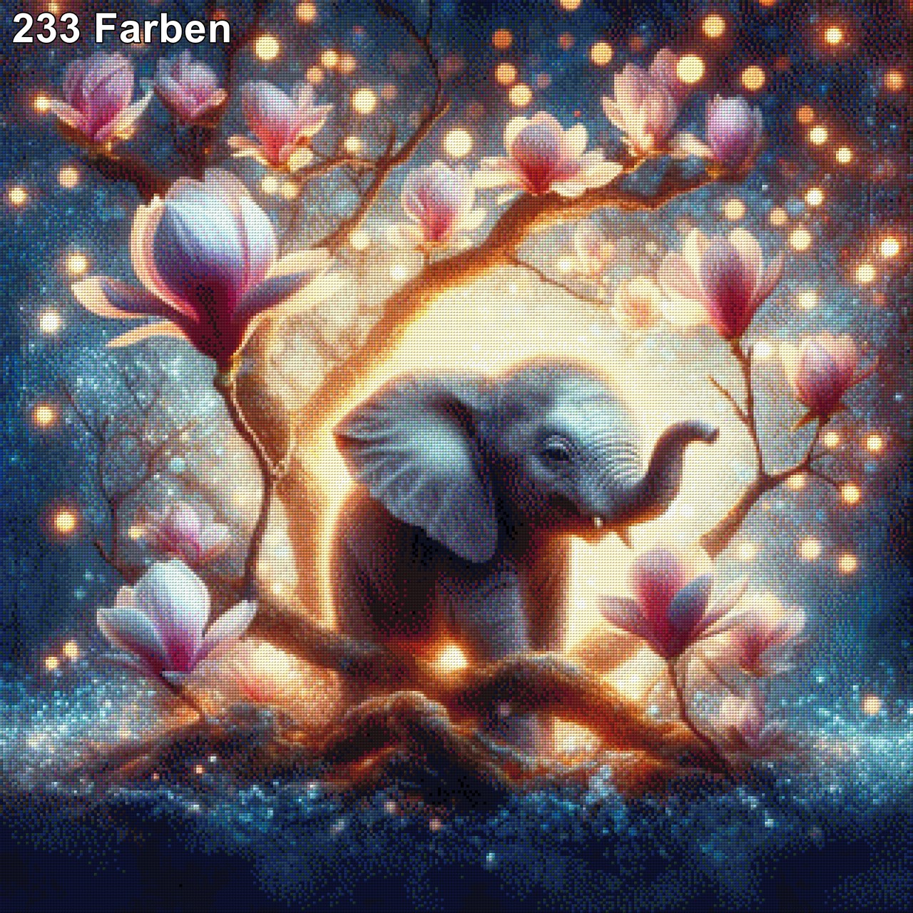 Magnolienwunder, Elefantenbaby in Magnolienstrauch - Diamond Painting