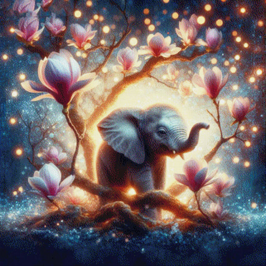 Magnolienwunder, Elefantenbaby in Magnolienstrauch - Diamond Painting