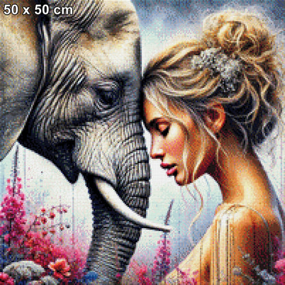 Elefantenliebe, Elefant mit Frau - Diamond Painting