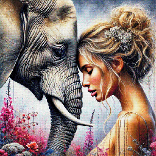 Elefantenliebe, Elefant mit Frau - Diamond Painting