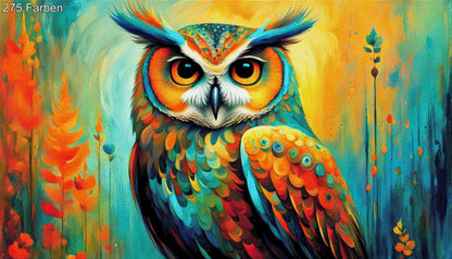 Farbfeder, bunte Eule - Diamond Painting