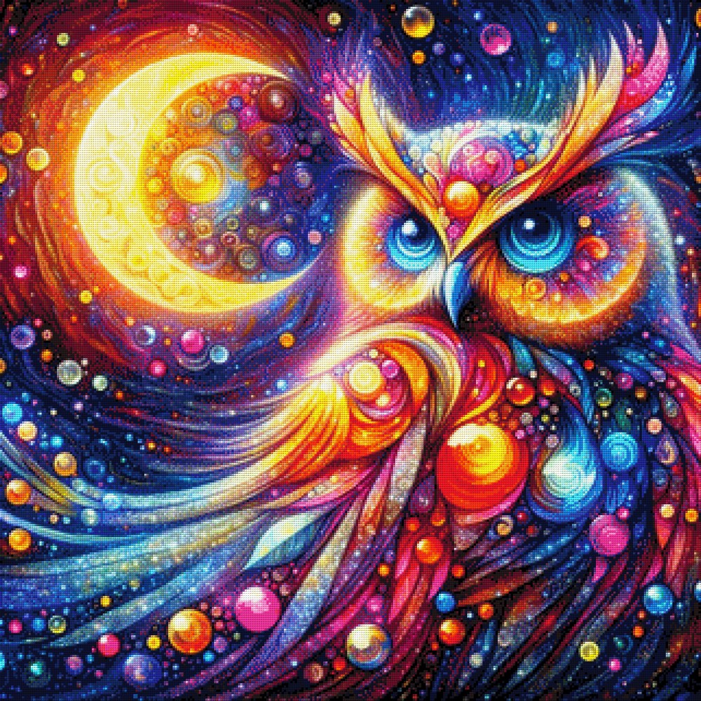 Sternenbunt, bunte Eule bei Nacht - Diamond Painting