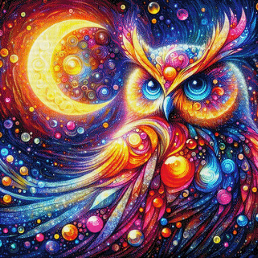 Sternenbunt, bunte Eule bei Nacht - Diamond Painting