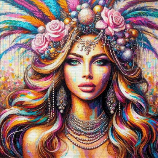 Frau mit bunten Federn - Diamond Painting