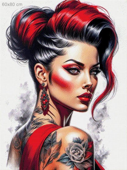 Frau Tattoo Rot - Diamond Painting