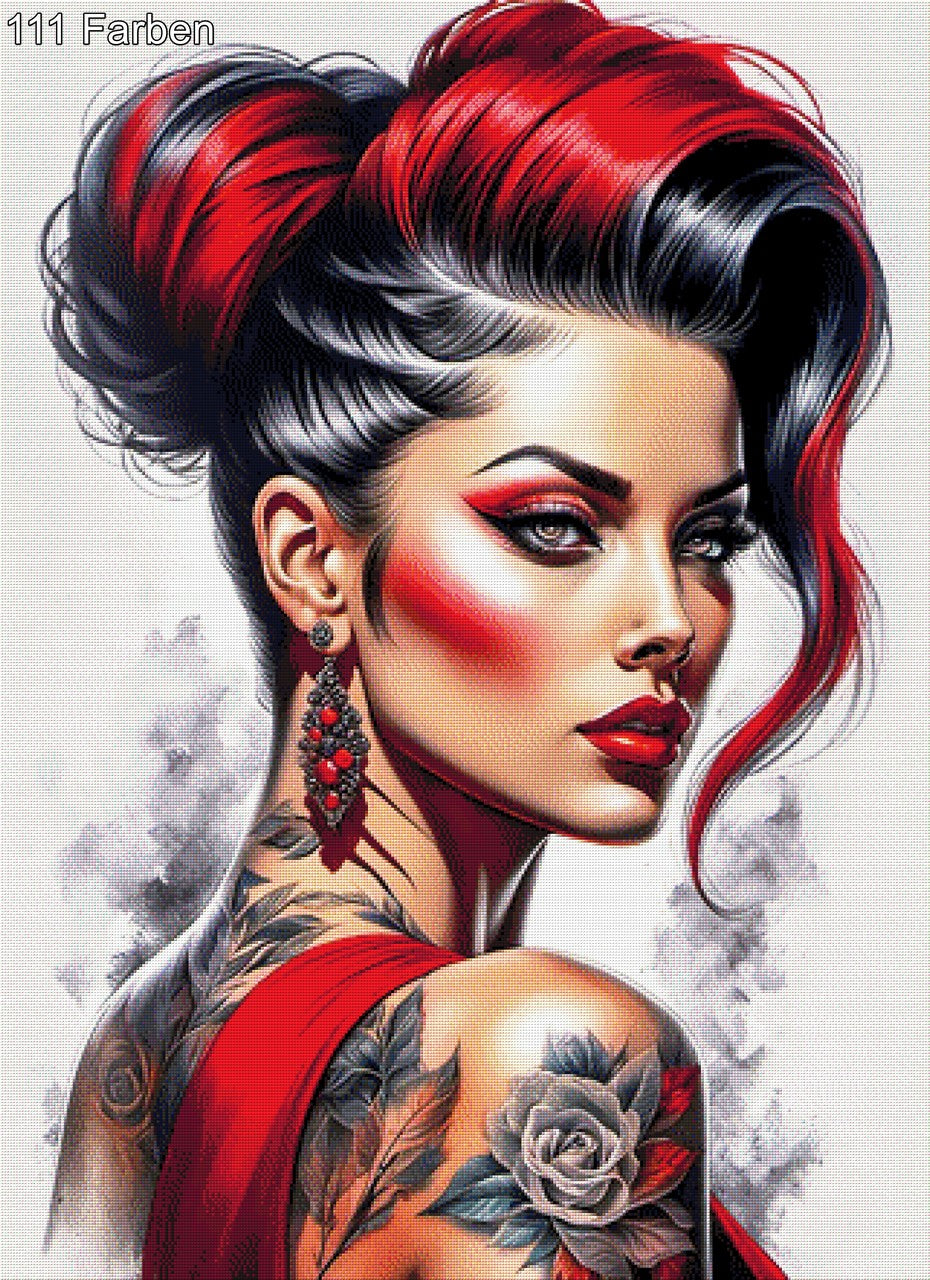 Frau Tattoo Rot - Diamond Painting