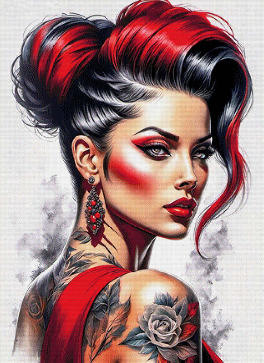 Frau Tattoo Rot - Diamond Painting