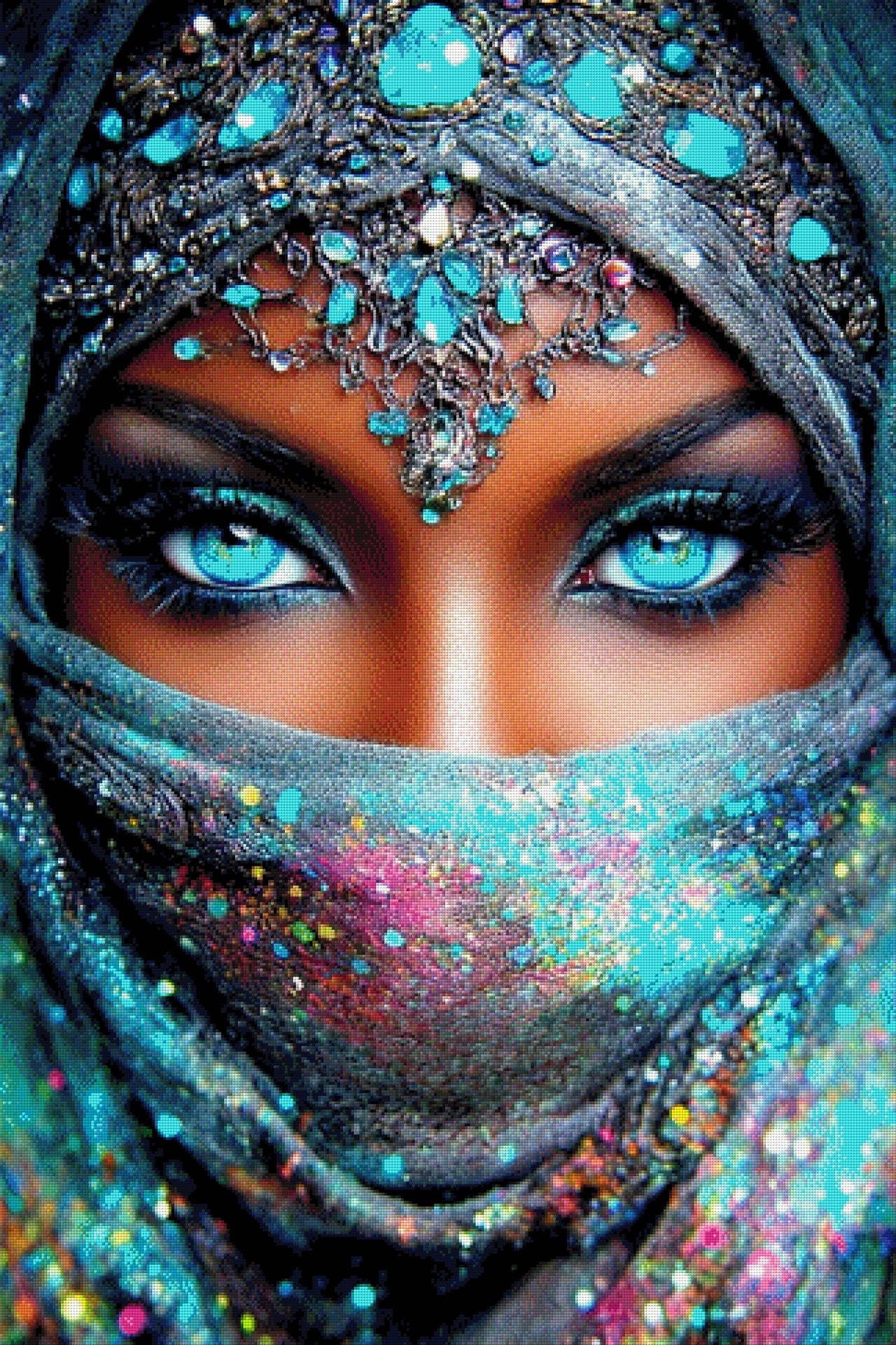 Diamond Painting Frau mit blauen Augen und Schleier