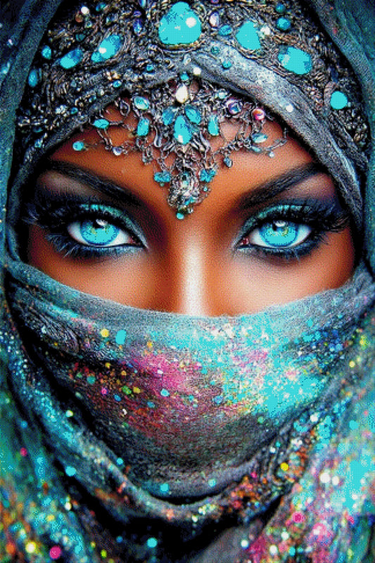 Diamond Painting Frau mit blauen Augen und Schleier