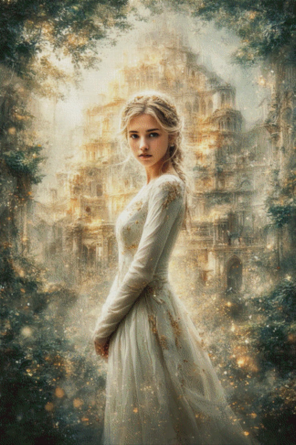 Diamond Painting Frau schüchtern helle Farben 