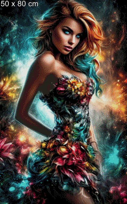 Diamond Painting Frau mit roten Haaren und buntem Kleid