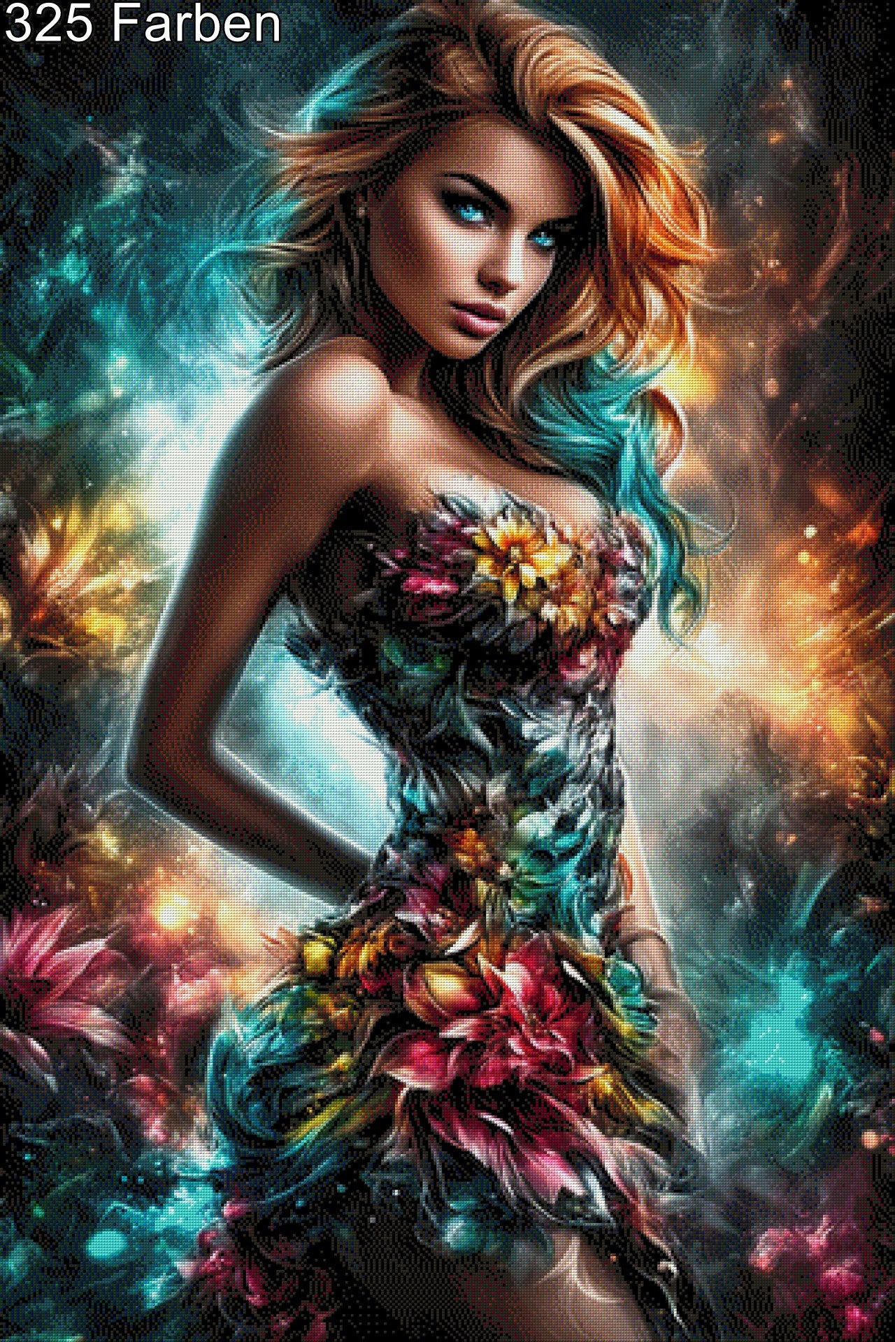 Diamond Painting Frau mit roten Haaren und buntem Kleid
