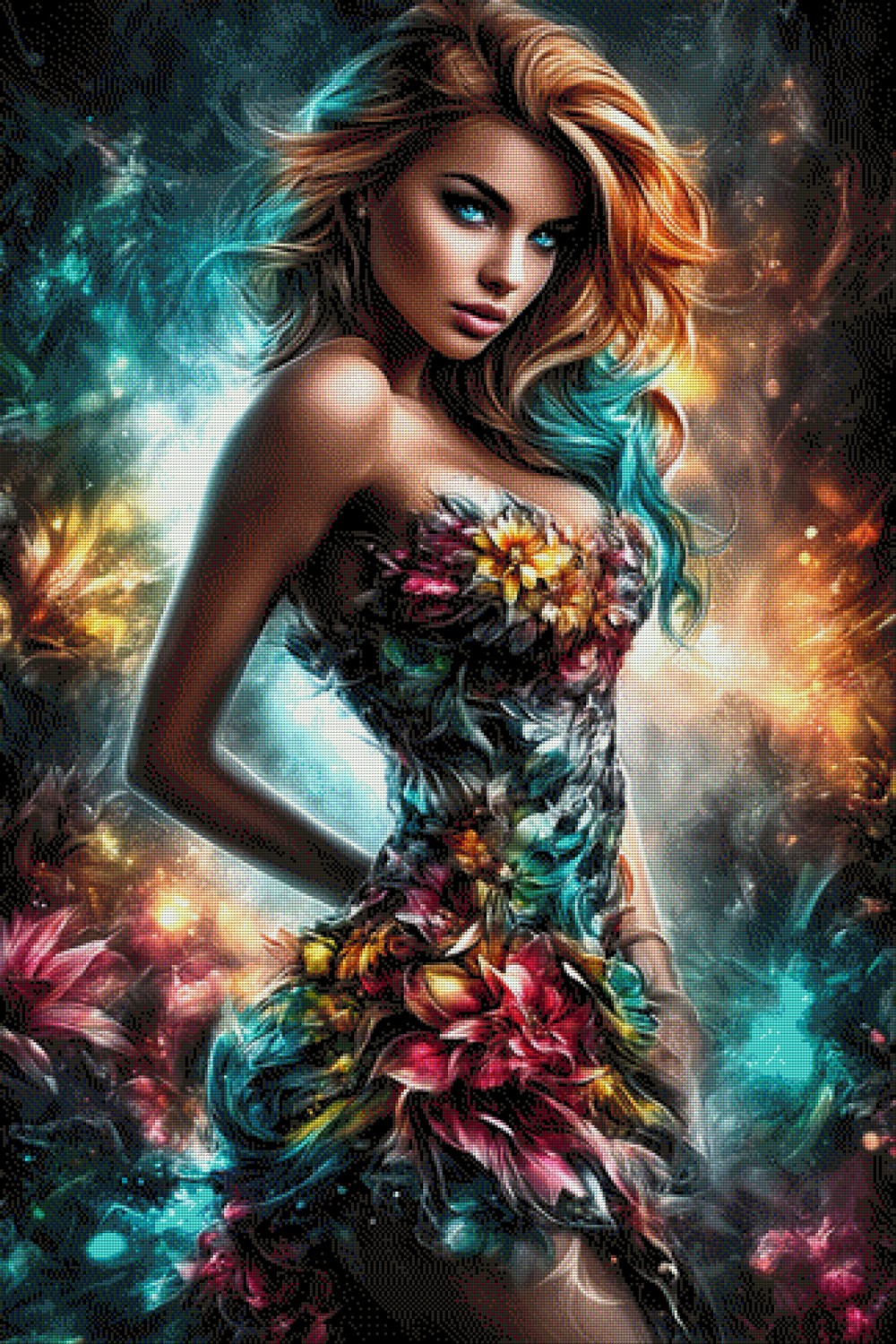 Diamond Painting Frau mit roten Haaren und buntem Kleid