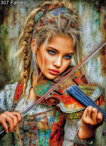 Diamond Painting Frau mit Geige blaue Augen