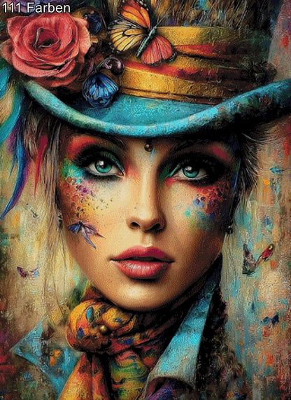 Diamond Painting Frau mit buntem Hut, bunt geschminkt