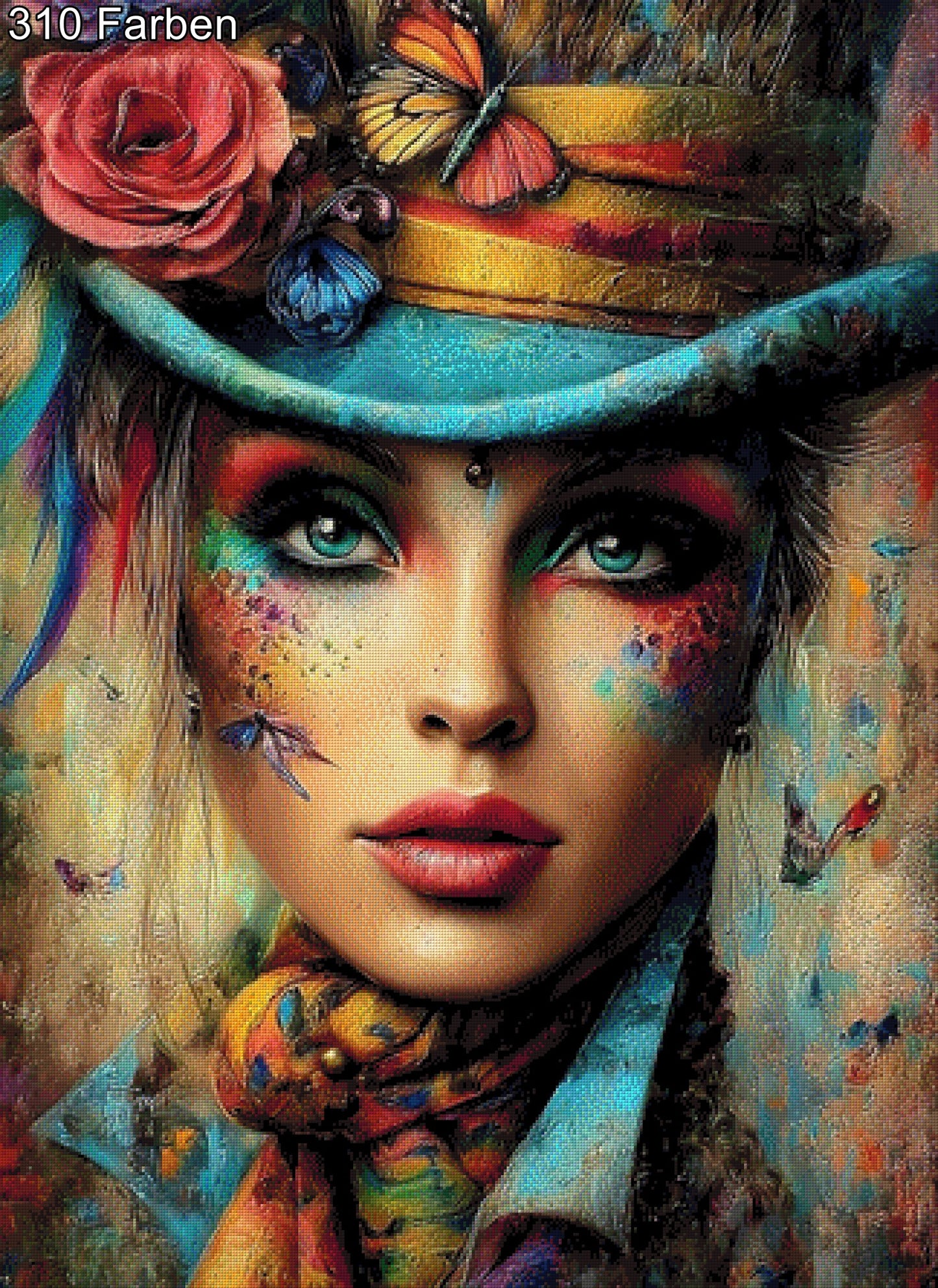 Diamond Painting Frau mit buntem Hut, bunt geschminkt