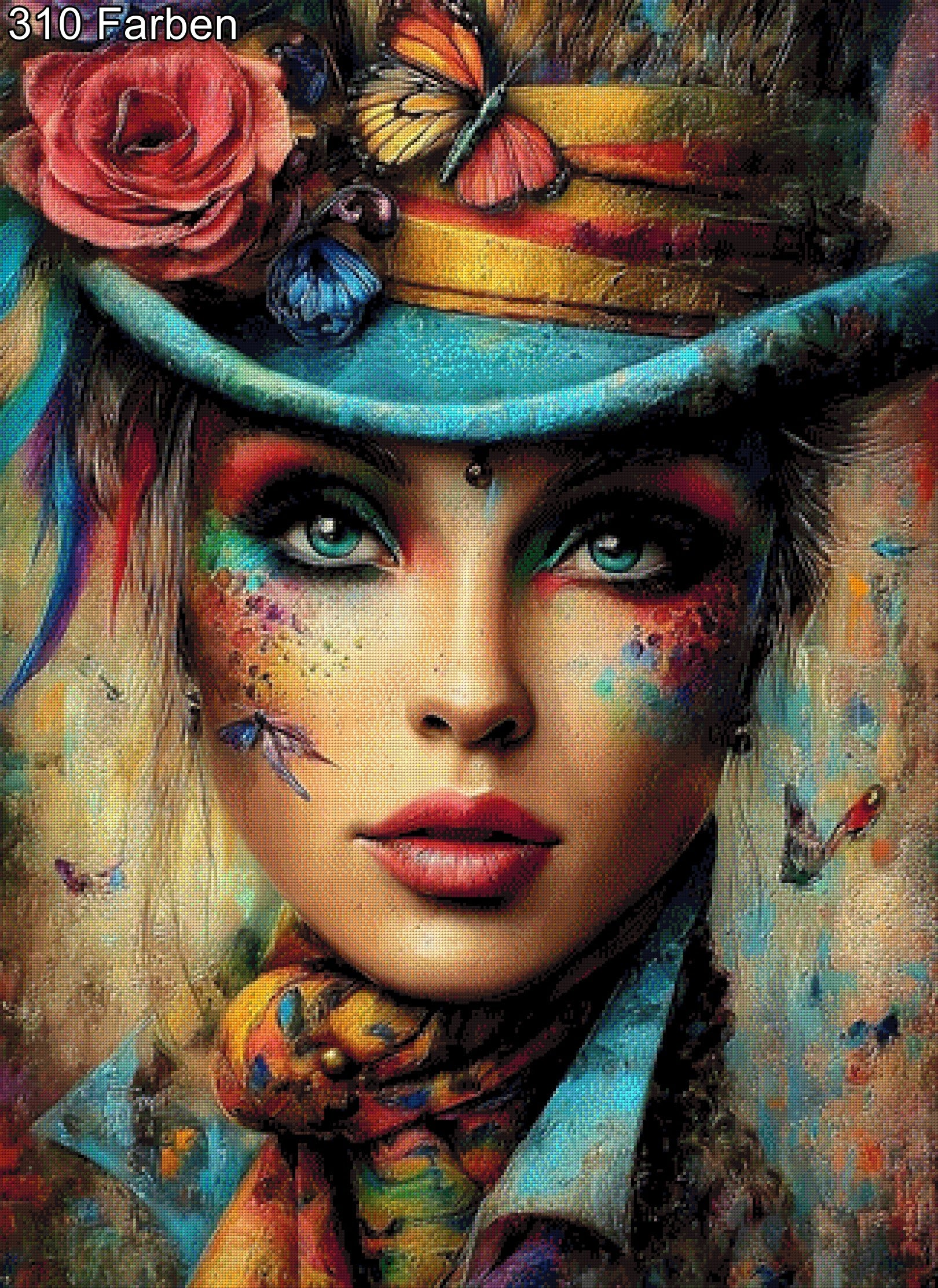 Diamond Painting Frau mit buntem Hut, bunt geschminkt