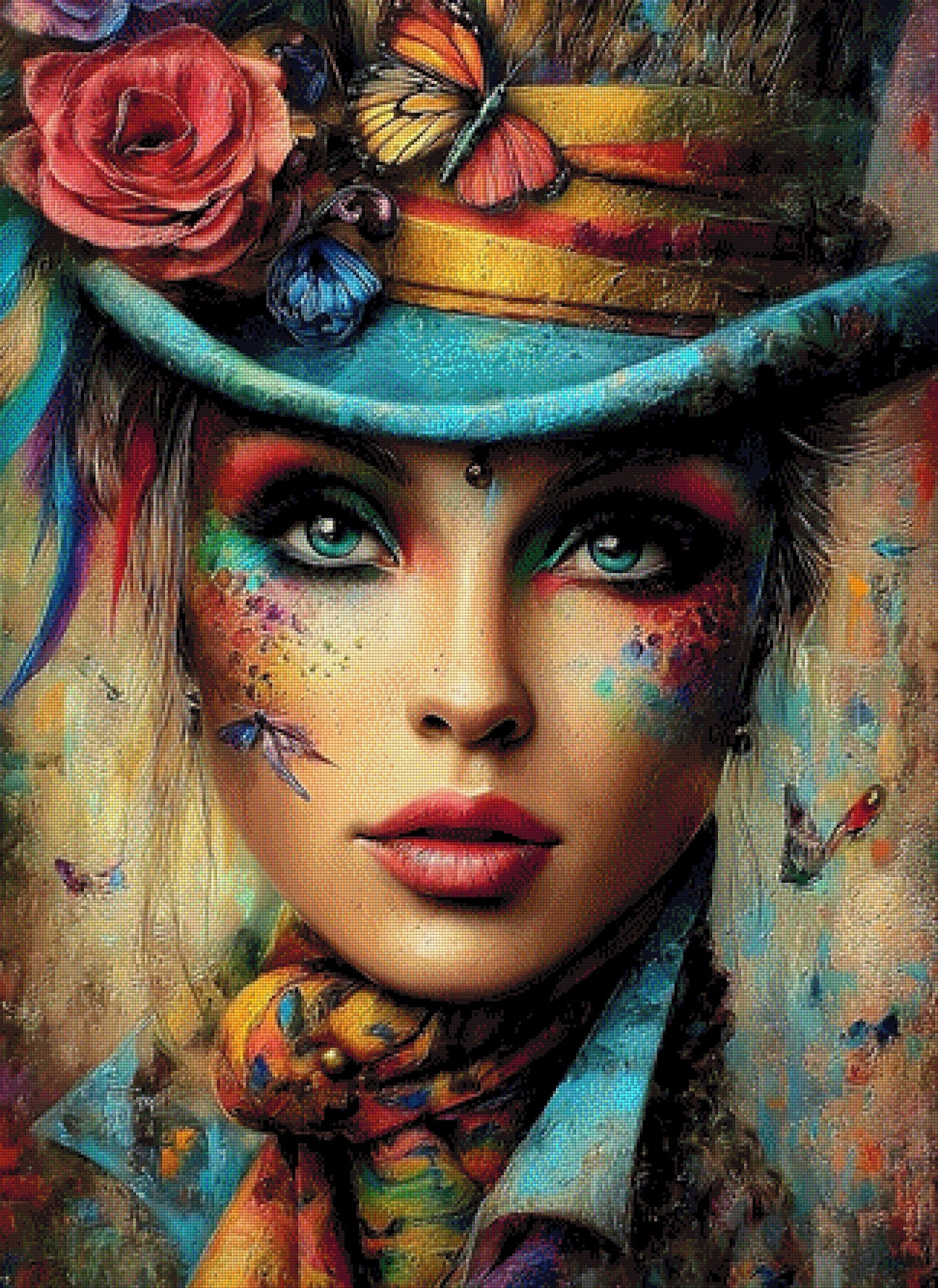 Diamond Painting Frau mit buntem Hut, bunt geschminkt